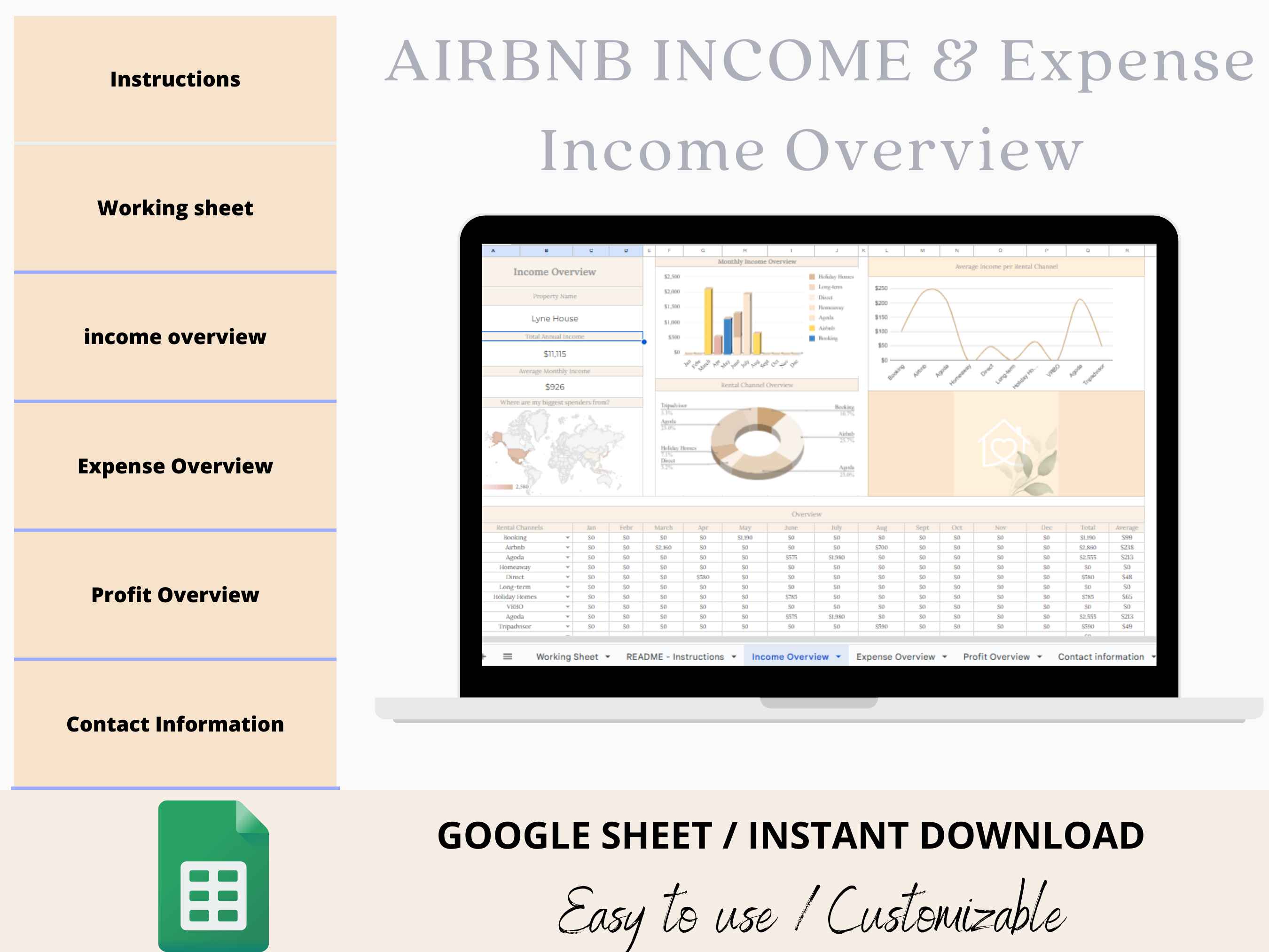 Customizable Airbnb Income & Expense Google Sheets